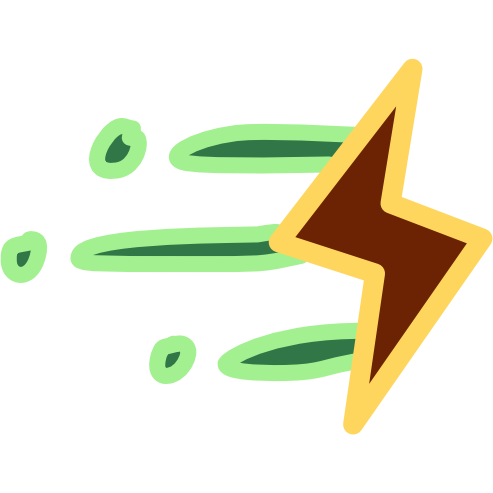 A brown lightning bolt outlined in yellow has 3 green streaks trailing behind it with dots at the end of each streak. The image has light line art.